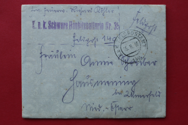 Brief Militär mit Inhalt / 1916 / 1 WK / K u K Schwere Haubitzbatterie Nr 35 / Studentika Vignette / Deutsch Österreichische Landsmannschaft Ostmark